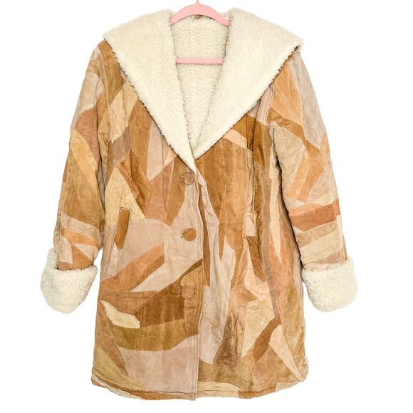 Retro Vintage Leather Jacket Patchwork Fleece Lined Coat - Picture 1 of 4